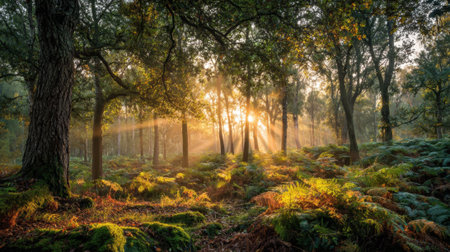 Golden rays of sunlight break through the trees in a peaceful forest. Vibrant ferns and moss cover the ground capturing the beauty of autumn's colors at dusk.の素材