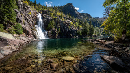 A stunning waterfall flows into a serene lake with rocky shores and vibrant greenery all around under a clear blue sky. The scene captures the peacefulness of nature.の素材