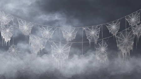 Strings of intricate icy spider webs are suspended in a misty environment. The dark backdrop creates a spooky vibe perfect for Halloween festivities and decorations.の素材