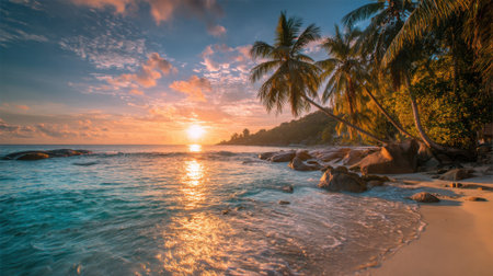 Golden sunlight reflects on the gentle waves of the ocean as the sun sets behind lush green hills. Palm trees sway lightly in the warm breeze creating a peaceful atmosphere.の素材