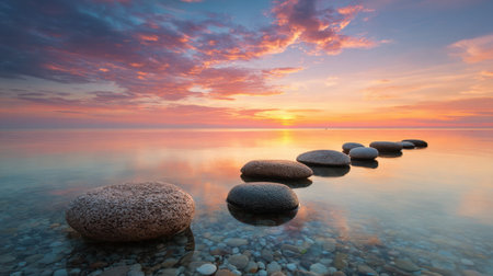 A tranquil scene shows smooth stones forming a pathway over glassy waters. The sun sets on the horizon casting warm colors in the sky. Soft waves gently lap against the shore.の素材