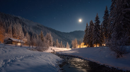 Snow blankets the ground as the moon casts a soft glow over the mountain landscape. A winding river reflects the light while cabin lights shimmer in the distance creating a peaceful winter scene.の素材
