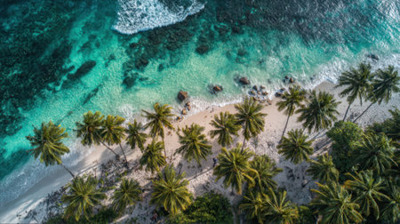 Aerial view of a beautiful tropical beach with crystal clear turquoise waters lush palm trees and gentle waves lapping at the sandy shore. The scene captures a tranquil day by the ocean.の素材