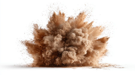 A powerful explosion generates a huge cloud of dust and debris rising forcefully against a plain white background. The scene captures the energy and movement of the blast.の素材