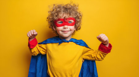 A young child displays confidence while dressed in a colorful superhero costume with a red mask and blue cape. The bright yellow backdrop enhances the playful atmosphere.の素材