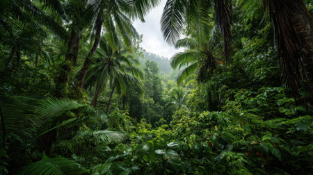 A vibrant rainforest scene showcases thick greenery and towering palm trees under a cloudy sky. Rain falls gently creating a serene atmosphere in this tropical environment.の素材