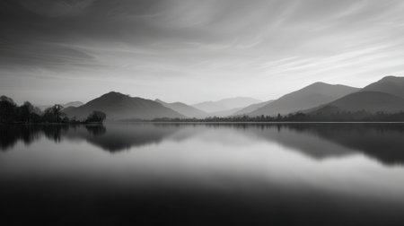 A peaceful lake stretches across the scene mirroring the surrounding mountains. The sky is overcast creating a serene atmosphere with soft lines and gentle contrasts.の素材