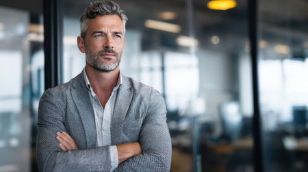 A mature man with gray hair stands confidently in a stylish office environment arms crossed looking thoughtful. Natural light streams through large windows enhancing the modern atmosphere.の素材