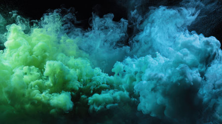 Colorful clouds of green and blue smoke blend beautifully against a dark backdrop creating an interesting and dynamic scene that captures attention.の素材