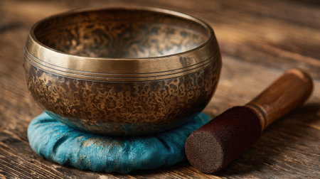 Crafted from metal this singing bowl sits on a blue cushion highlighting its detailed engravings. A mallet lies beside it ready for use in sound healing practices.の素材