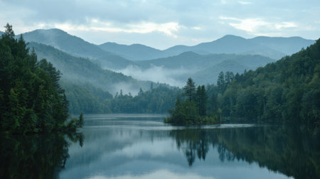 In the early morning a tranquil lake reflects the surrounding misty mountains and lush greenery. This serene location offers a peaceful escape into nature's beauty.の素材