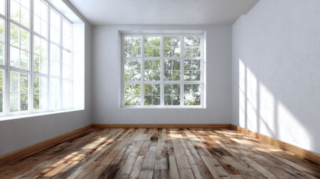 The scene shows a spacious room with wooden floors and large windows allowing natural light to fill the space. Greenery can be seen outside creating a calming atmosphere.の素材