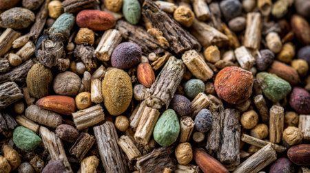 Colorful seeds and dried plant materials are scattered on a flat surface showcasing various shapes and sizes perfect for gardening projects. The rich variety highlights natural beauty.の素材