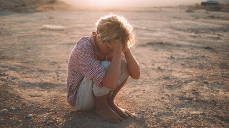 A young boy with curly hair sits on parched earth holding his head in his hands. The warm light of sunset casts a golden hue emphasizing his solitude in a vast empty landscape.の素材