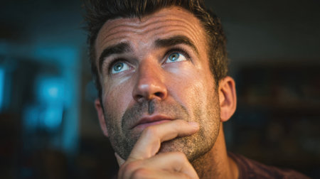 A man sits with a thoughtful expression gazing upwards as he ponders ideas. The room is softly illuminated creating an introspective atmosphere in the evening light.の素材