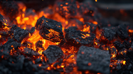 Warm red and orange sparks dance among dark charcoal pieces in a barbecue grill creating a cozy atmosphere for friends and family to enjoy during a summer evening gathering.の素材