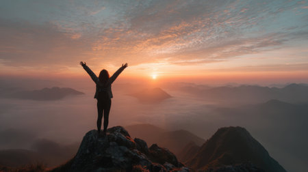 A person stands on a rocky outcrop with arms raised enjoying a breathtaking sunrise above mist covered mountains. The sky is painted with vibrant colors as day breaks.の素材