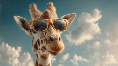 A giraffe is playfully posing while wearing stylish sunglasses. The sunny sky is filled with fluffy clouds creating a fun and vibrant summer atmosphere.の素材