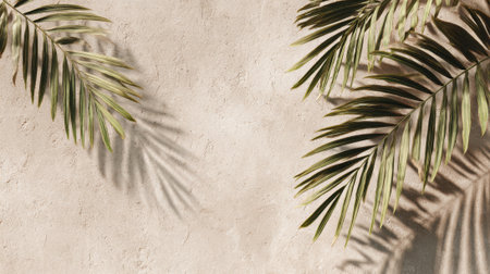 In a warm environment palm leaves rest against a textured beige wall while sunlight creates soft shadows adding a tropical feel to the space and enhancing the relaxing atmosphere.の素材