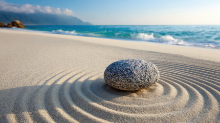 A smooth stone sits on a sandy beach surrounded by circular patterns in the sand. The sun shines brightly as gentle waves lap against the shore.の素材