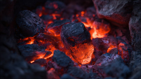 Hot embers glow bright red and orange nestled among dark charcoal pieces in a fire pit. This scene captures the warmth and beauty of a cozy evening spent outdoors.の素材