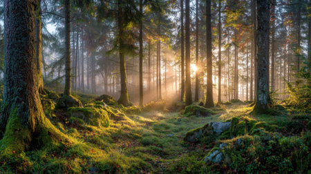 Bright sunlight streams through tall trees in a serene forest. Soft mist blankets the ground highlighting lush greenery and moss covered rocks in the early morning light.の素材