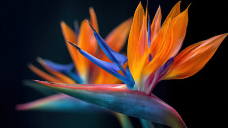 Two stunning bird of paradise flowers display vibrant orange blue and green hues against a dark backdrop. Their unique shapes capture the beauty of nature in full bloom.の素材