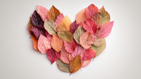 A heart shape created with a variety of colorful autumn leaves displaying shades of pink red yellow and green on a light surface. This arrangement showcases the beauty of fall foliage.の素材