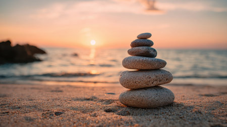 A tranquil scene shows a stack of smooth stones carefully balanced on a sandy beach during sunset. The sun reflects on the ocean enhancing the calm atmosphere.の素材
