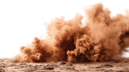 A large cloud of dust is being kicked up from the ground likely from machinery or digging activity at a construction site. The scene captures the impact of earth moving in bright light.の素材