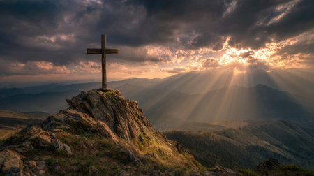 At sunset a wooden cross stands atop a rocky hill. The sky is filled with dramatic clouds and golden rays of light break through illuminating the landscape below.の素材