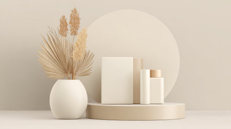 Neutral decor showcases a stylish display with a round backdrop. A white vase holds dried plants complemented by geometric objects in calming tones creating a serene atmosphere.の素材