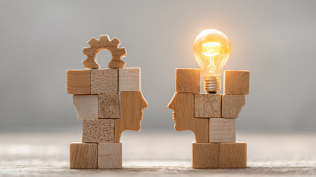 Two sculptures made of wooden blocks resemble human faces. One sculpture features a gear on top and the other has a glowing light bulb. This represents innovation and teamwork.の素材