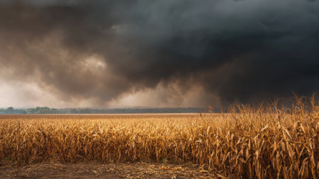 Dark storm clouds loom ominously over vast fields of ripe corn in the countryside. The golden crops contrast sharply with the impending storm and create a captivating scene of nature's power.の素材