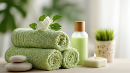 This serene setting features neatly rolled green towels adorned with fresh leaves. A candle and soothing aromatherapy oil complement the spa like atmosphere for relaxation.の素材