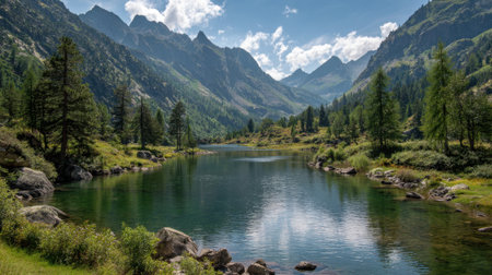 A tranquil scene of a clear lake surrounded by stunning mountains and vibrant greenery. Sunlight creates reflections on the water enhancing the peaceful atmosphere.の素材
