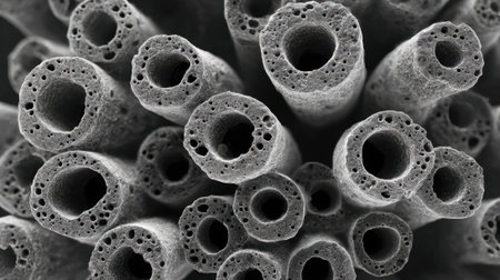 Detailed close up view features numerous cylindrical shapes with hollow centers. The monochrome tones highlight the textures and patterns creating an intriguing visual effect.の素材
