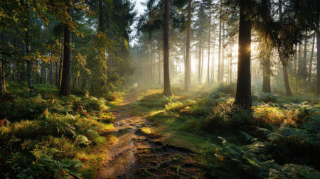 A serene forest scene features a sunlit pathway surrounded by tall trees and lush ferns. Morning mist lingers while sunlight streams through the branches.の素材