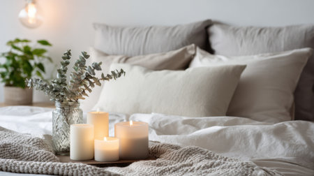 A warm and inviting bedroom scene features lit candles arranged on a wooden tray. Soft linens and textured pillows create a cozy atmosphere while a potted plant adds a touch of nature.の素材