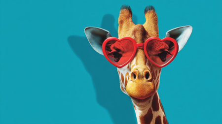 A giraffe poses playfully sporting large heart shaped sunglasses. The vibrant blue background enhances the joyful atmosphere showcasing the giraffe's unique style and charm.の素材