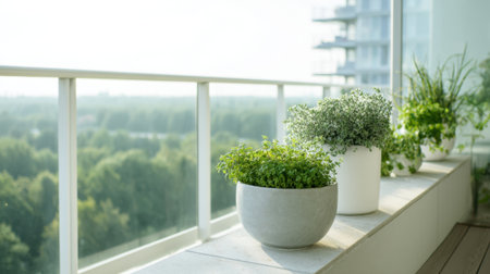 Bright greenery sits in pots on a balcony ledge showcasing various herbs against a backdrop of city buildings and trees. Sunlight illuminates the scene creating a peaceful atmosphere.の素材