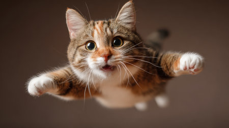 A fluffy cat with brown white and orange fur joyfully jumps in the air showcasing its playful nature in a warm indoor space. Sunlight enhances the scene.の素材