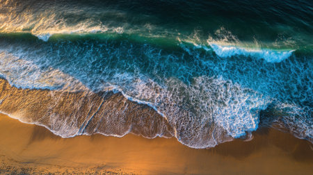 Waves gently crash on a sandy shoreline as the sun sets creating a beautiful contrast between the blue water and golden sand. The scene embodies tranquility and natural beauty.の素材