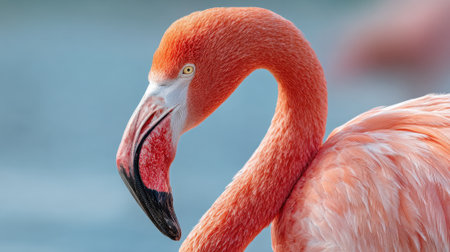 A vibrant flamingo poses gracefully by the water showcasing its bright pink feathers and long neck. The sun illuminates its colors creating a stunning scene in nature.の素材