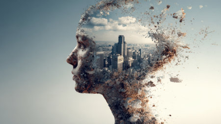 A striking scene blends a city skyline with a human profile illustrating the relationship between urban environments and personal identity. Clouds hover above the cityscape.の素材