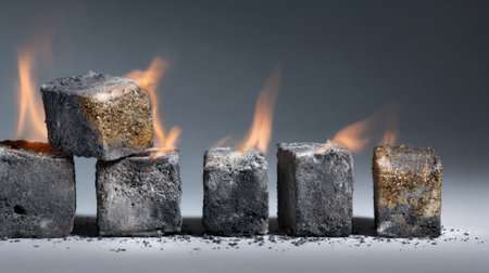 Several blocks of stone emit flames and smoke in a dark setting showcasing the contrast between the glowing fire and the rough surfaces of the stones creating an intriguing visual effect.の素材