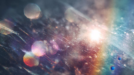 Bright flashes of light and vibrant colors emerge from reflections and refractions on a scratched surface. The scene creates an ethereal atmosphere.の素材