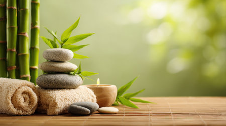 Relaxation is emphasized with stacked stones soft towels and a calming candle surrounded by bamboo. This serene scene invites tranquility and mindfulness.の素材