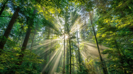 Sunlight streams through the towering trees creating a warm glow in the dense forest. The scene captures the beauty of nature on a peaceful morning.の素材