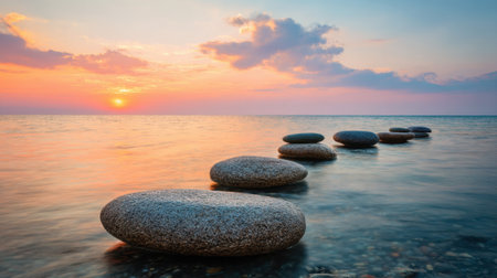 A tranquil scene of a sunset over a calm ocean. Smooth stones line the water's edge forming a path leading toward the horizon colored in warm hues.の素材